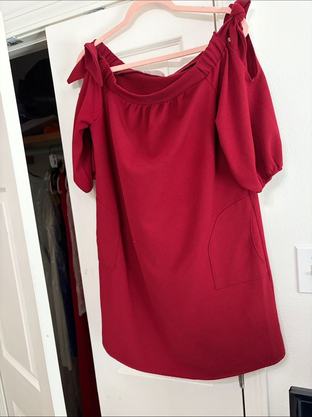 Ces Femme Red Off-Shoulder Mini Dress with Tie Straps